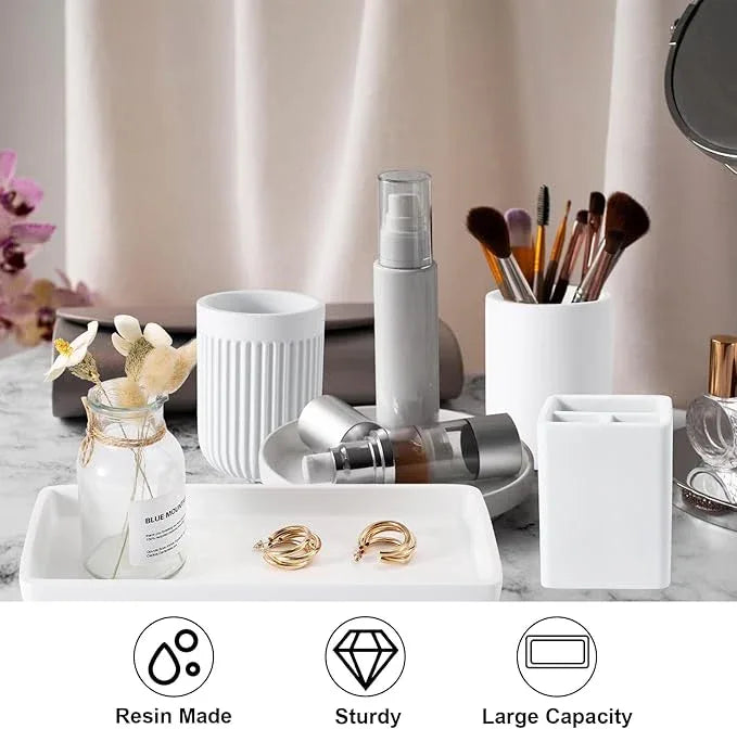 Resin Bathroom Toothbrush Cups Set with Holder and Tray, 4 Pcs Matte White Bathroom Accessories Set Counter Organizer for Sink Home Decor - ModernBath