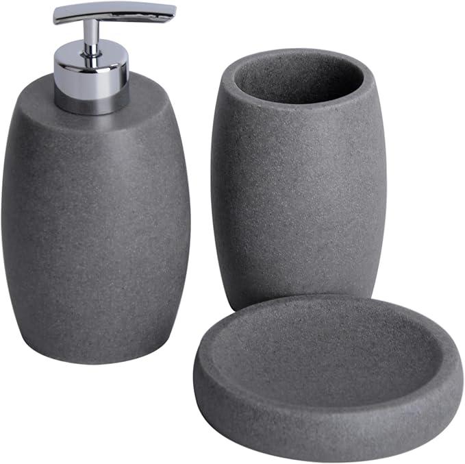 Clasin Home Grey Bathroom Accessories Set 3 PC, Resin Sandstone Look Soap Dispenser, Toothbrush Cup, Soap Dish, Bathroom Soap Dispenser Set for Home Decor and Kitchen - ModernBath