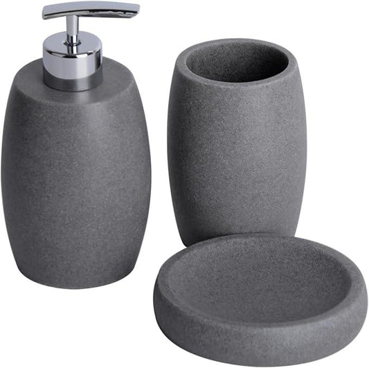 Clasin Home Grey Bathroom Accessories Set 3 PC, Resin Sandstone Look Soap Dispenser, Toothbrush Cup, Soap Dish, Bathroom Soap Dispenser Set for Home Decor and Kitchen - ModernBath