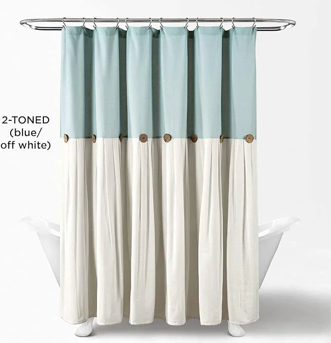 Lush Decor Linen Button Shower Curtain Single 72" W x 84" L Blue & White - Extra Long Shower Curtains - Blue Shower Curtain Fabric - Farmhouse Bathroom Decor - ModernBath