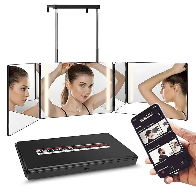 Self-Cut System 3 Way Mirror with LED Lights – Trifold Self Cut Barber Mirror for Men and Women, 360 View for Easy Haircuts, Travel Friendly - Three Way Design for Grooming and Styling - ModernBath