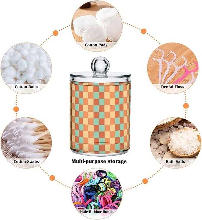 Tatenale Qtip Holder Bathroom Set Q tip Cotton Ball Swab Pad Dispenser Container Organizer Plastic Jars with Lids Storage 2Pack Retro Groovy Checkered - ModernBath