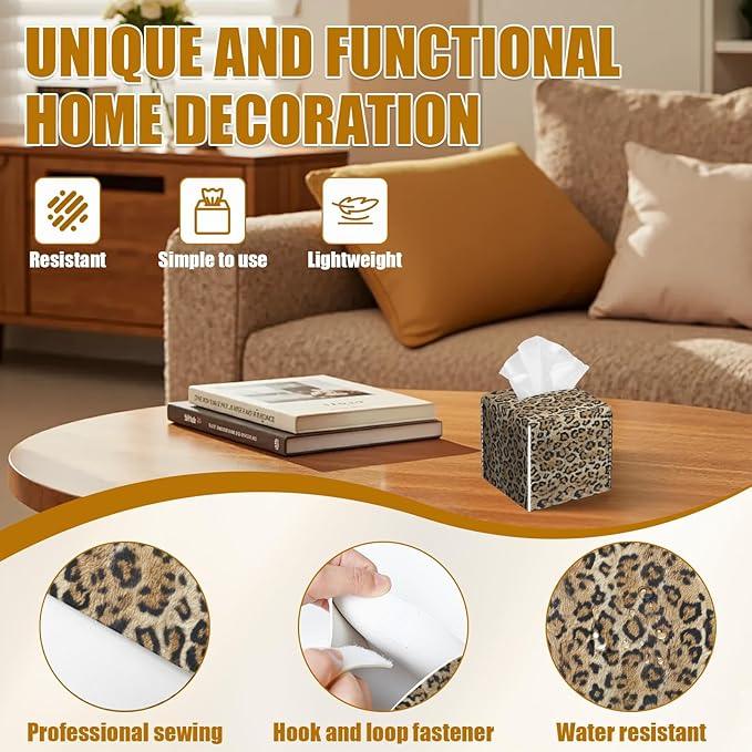 Brown Leopard Tissue Box Cover 2PCS, Leather Tissue Box Holder Square Facial Paper Case Tissue Box Cube Organizer for Bathroom Bedroom Desk Office - ModernBath