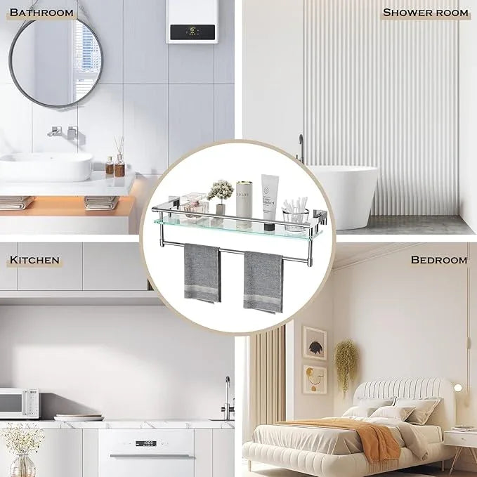 Bathroom Glass Shelf with Towel Rack Organizer Wall-Mounted Bathroom Storage SUS304 Stainless Steel Towel Bar/Track Wall-Mounted Tempered Glass Shelves (Chrome Polished, 20-inch) - ModernBath