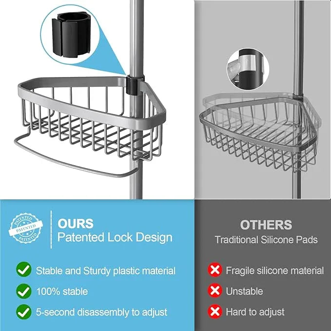 Corner Shower Caddy Tension Pole: Stainless Steel Rustproof 4-Tier Shower Organizer - 47-121 inch Adjustable Bathroom Shelves for Bathtub Shampoo Storage - Tension Rod Floor Standing Bath Rack - ModernBath