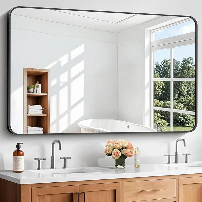 CIVENO Bathroom Mirror, 55 x 36 inch Black Rectangle Wall Mirror, Metal Frame Rounded Corner Vanity Mirror, Large Wall Mounted Mirrors for Over Sink Bedroom Living Room Horizontal Or Vertical Mounting - ModernBath