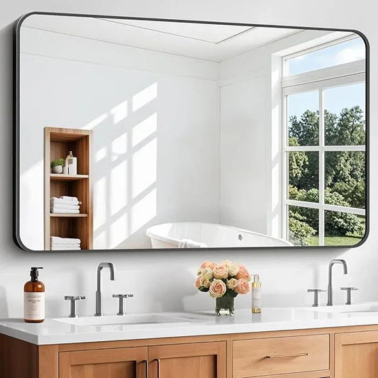 CIVENO Bathroom Mirror, 55 x 36 inch Black Rectangle Wall Mirror, Metal Frame Rounded Corner Vanity Mirror, Large Wall Mounted Mirrors for Over Sink Bedroom Living Room Horizontal Or Vertical Mounting - ModernBath