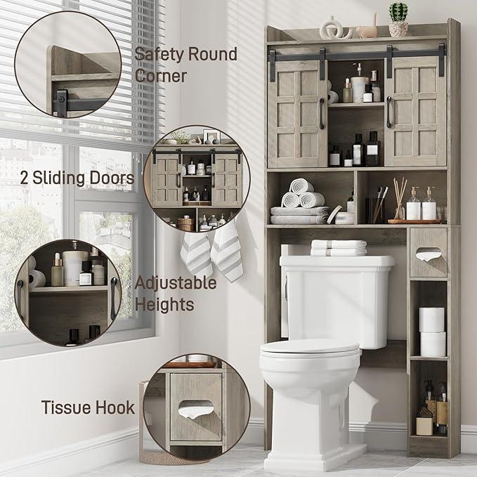 Over The Toilet Storage Cabinet, Farmhouse Storage Cabinet Over Toilet with Sliding Doors，Home Space-Saving Toilet Rack, for Bathroom, Restroom, Laundry.Wash Grey - ModernBath