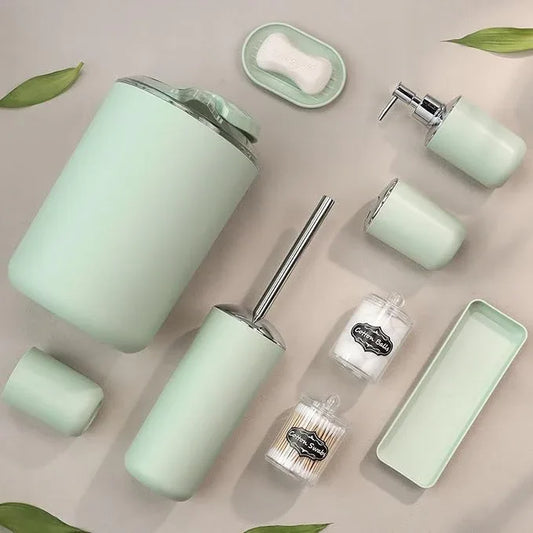 IMAVO Bathroom Accessories Set,Green Bathroom Set,9 Pieces Bathroom Accessory Set,Tray,Qtip Holders,Toilet Brush,Trash Can for Bathroom Décor and Home Gifts - ModernBath