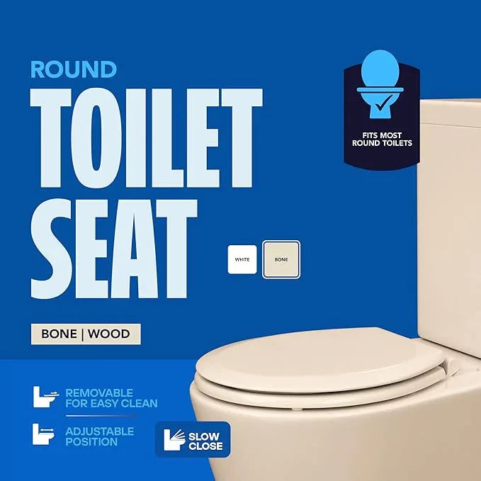 HIGHCRAFT Premium Round Toilet Seat with Slow-Close Design, Adjustable Hinges & Quick Removal Mechanism - Molded Wood Toilet Seat - Fits Standard Round Toilets - Toilet Seat in Bone/Beige - ModernBath