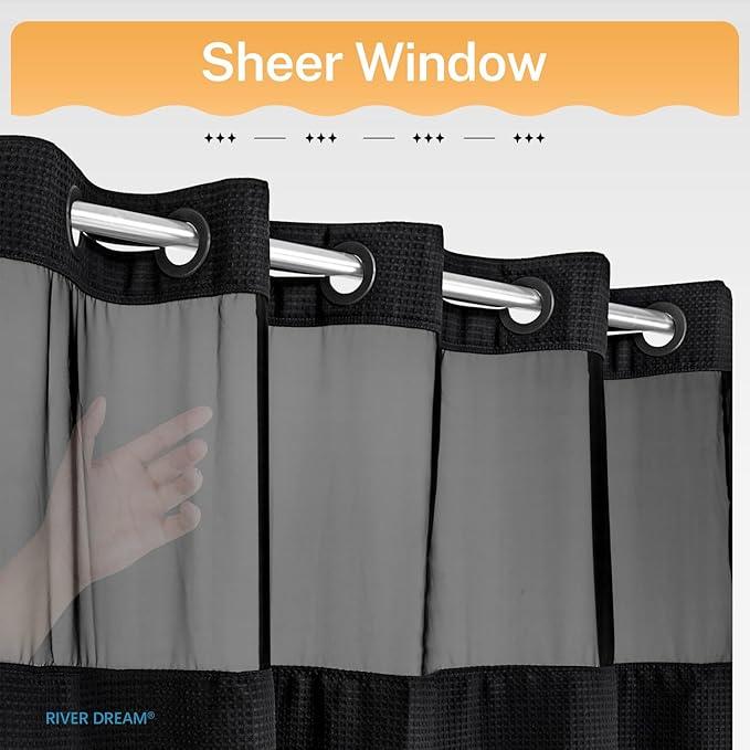 River Dream Heavyweight No Hooks Required Dotted Waffle Weave Shower Curtain with Snap in Liner - 71W x 80H,Hotel Grade,Spa Like Bath Curtain,Graphite Black - ModernBath