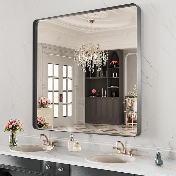 LOAAO 28X32 Inch Black Metal Framed Bathroom Mirror for Wall, Matte Black Bathroom Vanity Mirror Farmhouse, Anti-Rust, Hangs Horizontally or Vertically - ModernBath