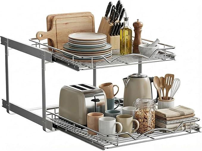 HOLDN’ STORAGE Two Tier Pull Out Cabinet Organizer, Individual Sliding Drawers - Heavy Duty Metal with Lifetime Limited Warranty - Anti Rust Chrome Finish - 20" W x 21”D x 16.5" H - ModernBath
