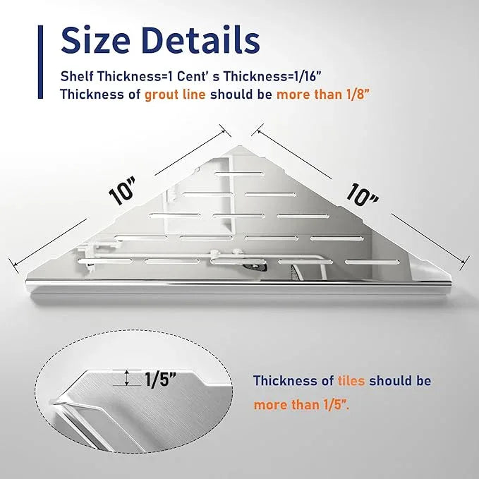 Corner Shower Shelf 10" Polished 304 Stainless Steel Recessed Corner Shelves with Slot Design Bathroom Grout in Shelf for Tiled Wall, 2 Pack - ModernBath