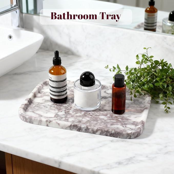 Karibiber Luxury Marble Vanity Tray, Bathroom Tray Countertop, Calacatta Marble/Stone, Home Decorative Dresser Organizer, Storage for Kitchen Sink, Perfume Jewelry Holder(Purple&White) - ModernBath