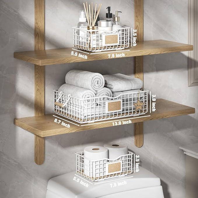 Bathroom Organizers and Storage, 3 Pack Storage Baskets for Shelves, Multipurpose Bins Organizer with Wooden Handles, Decorative Organizer Baskets Set for Bathroom, Laundry, Living Room - White - ModernBath