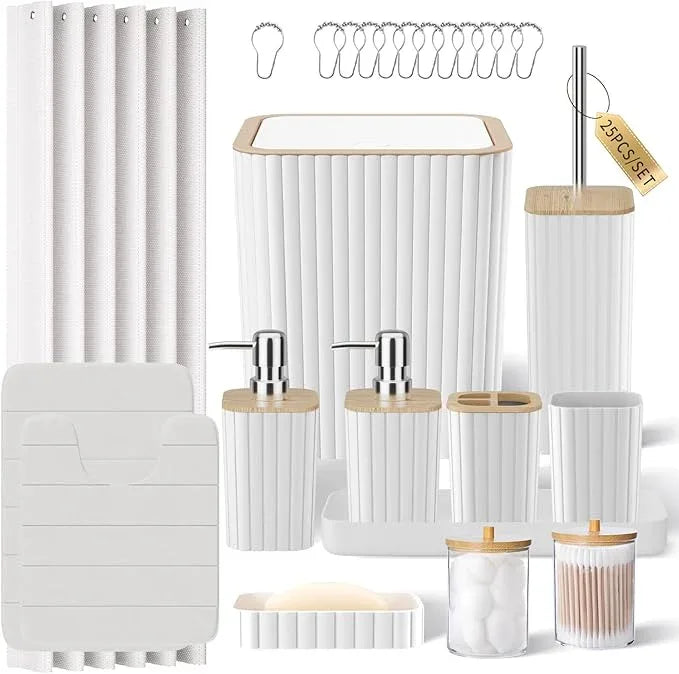 XLHOMO Bathroom Set - 25PC White Bathroom Set with Shower Curtain and Rugs, Bathroom Accessories Set, White Shower Curtain Set with Bathroom Trash Can - ModernBath
