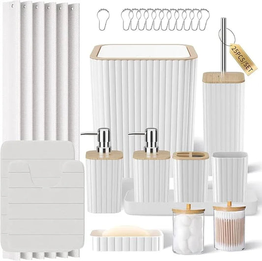 XLHOMO Bathroom Set - 25PC White Bathroom Set with Shower Curtain and Rugs, Bathroom Accessories Set, White Shower Curtain Set with Bathroom Trash Can - ModernBath