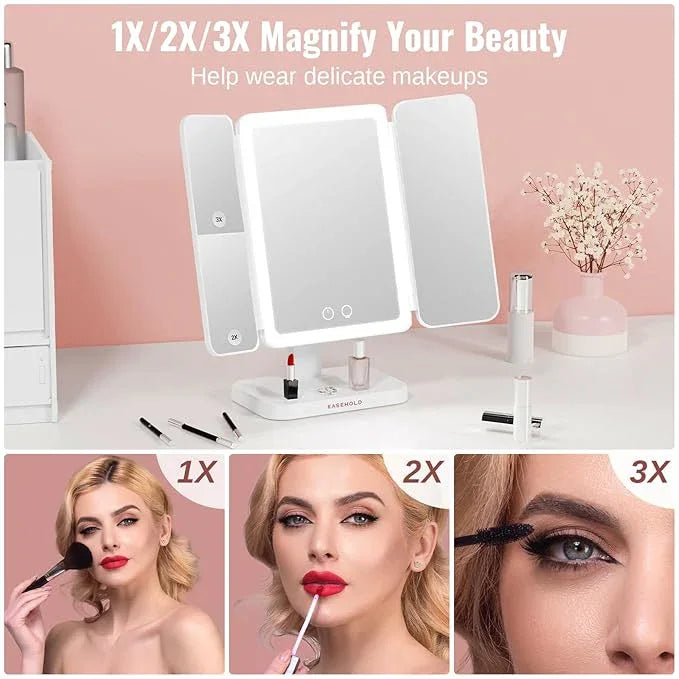 EASEHOLD Vanity Mirror with Lights, 2X 3X Magnification, Trifold, Rechargable, Touch Control - Gifts for Girls & Women - ModernBath