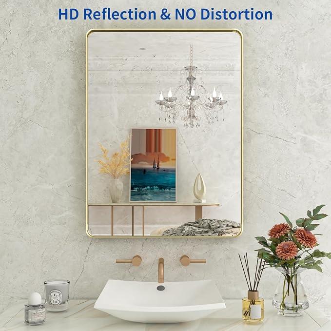 WEER Gold Bathroom Mirror, 36X30 Inch Brushed Gold Metal Frame Mirror, Rounded Rectangle Gold Bathroom Vanity Mirror for Wall, Tempered Glass, Anti-Rust, Hangs Horizontally or Vertically - ModernBath