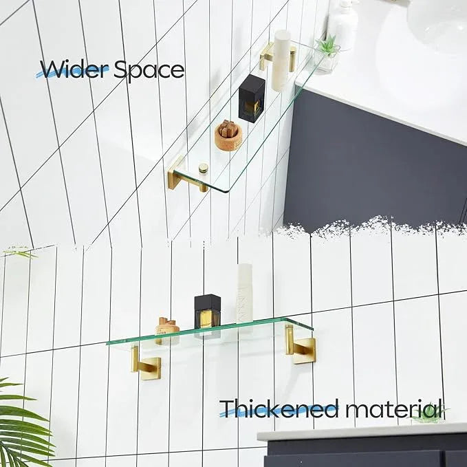KOKOSIRI Wall Shelves Floating Shelf 20'' Gold Stainless Steel Bathroom Hardware Tempered Glass Hanging Rack Storage/Room Decor 2 Pack B1105BG-L20-P2 - ModernBath