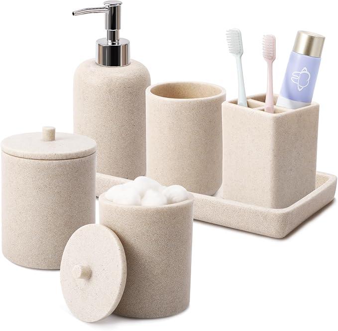 Resin 6 Pcs Beige Bathroom Set Complete with Toothbrush Holder, Lotion Soap Dispenser, 2 Qtip Holder Dispensers,Vanity Tray,Bathroom Tumbler - Countertop Vanity Organizer - Bathroom Accessories Set - ModernBath