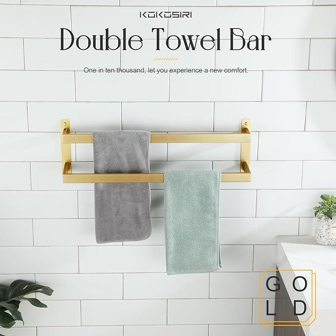 KOKOSIRI Bath Towel Bars Bathroom 2-Tiers Ladder Brushed Gold Towel Rails 24 Inches Towel Holders Wall Mounted Towels Shelves Rack Stainless Steel, B5008BG-L24 - ModernBath