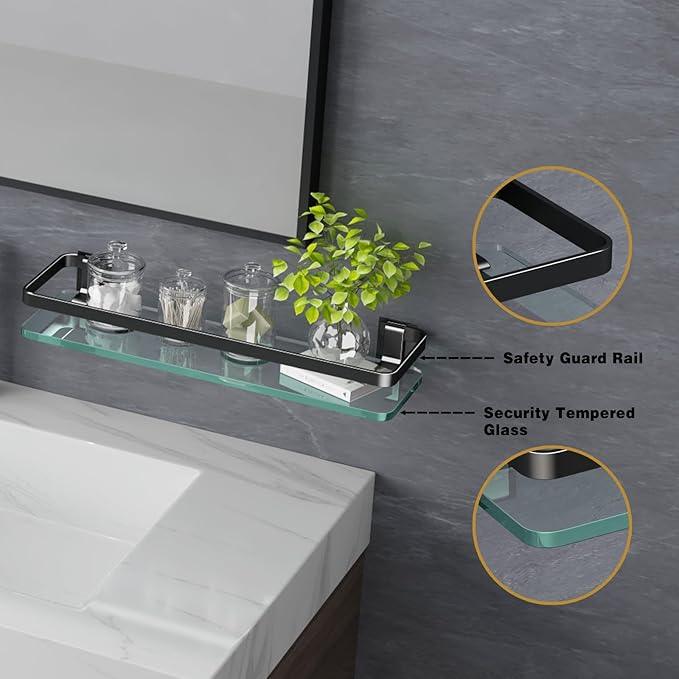 VOLPONE Bathroom Wall Shelf 15.7in Bathroom Glass Shelves Wall Mount Glass Shelf Rustproof Bathroom Wall Organizer 3 Tier (Black) - ModernBath