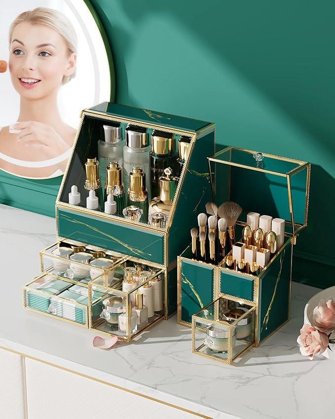 CoralHouse Makeup Organizer Green– Large Vanity Organizer for Skincare, Lipsticks, Perfume & Brushes – Countertop Cosmetic Storage Box for Women, Bathroom or Dresser. - ModernBath