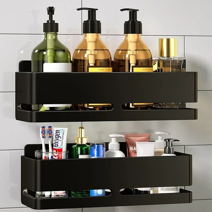 Shower Shelf, 2-Pack, Heavy-Duty Bathroom Storage Shelf, Large Capacity No-Drill Bathroom Organizer, Black Metal Storage Basket, Adhesive Installation - ModernBath