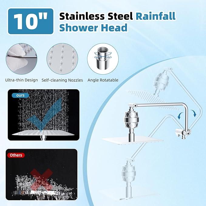 Filtered Shower Head, 10" High Pressure 10-Spray Handheld/Rainfall Shower Head Combo with 20 Stage Shower Filter, 11" Shower Extension Arm, 71" Hose, Shower Head Holder, Chrome - ModernBath