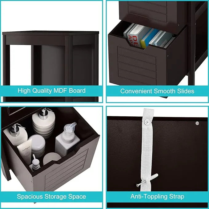Tangkula Bathroom Floor Cabinet, Narrow Wood Storage Cabinet w/2 Switchable Drawers, Multifunctional Side Cabinet for Bathroom, Freestanding Small Cabinet for Small Spaces, 12 x 12 35 Inch (Espresso) - ModernBath