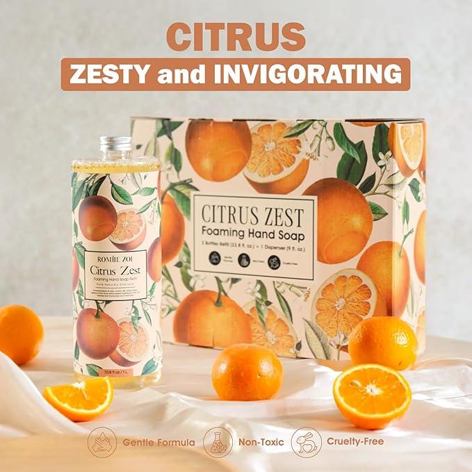 ROMIIE ZOI Citrus Zest Foaming Hand Soap Refill Gift Set – 3 Pack (33.8 Fl Oz Each) with Refillable Dispenser, Moisturizing, Biodegradable & Chemical-Free Formula for Kitchen, Bathroom, Sensitive Skin - ModernBath
