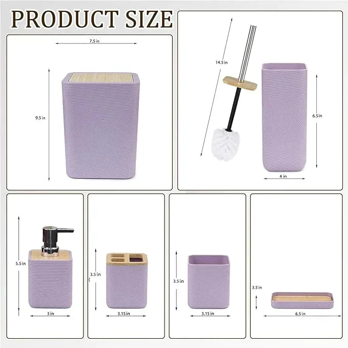 CERBIOR Bathroom Accessories Set 6 Piece Bamboo Bath Ensemble Includes Soap Dispenser, Toothbrush Holder, Toothbrush Cup, Soap Dish for Decorative Countertop and Housewarming Gift (Purple) - ModernBath