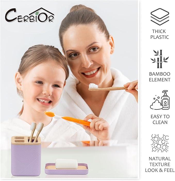 CERBIOR Bathroom Accessories Set 6 Piece Bamboo Bath Ensemble Includes Soap Dispenser, Toothbrush Holder, Toothbrush Cup, Soap Dish for Decorative Countertop and Housewarming Gift (Purple) - ModernBath