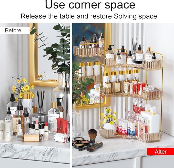 GTI 3-Tier Corner Bathroom Counter Organizer, Large Capacity Makeup Organizer Countertop, Perfume Cosmetics Skincare Vanity Organizers, Exquisite Countertop Storage for Women (Amber) - ModernBath