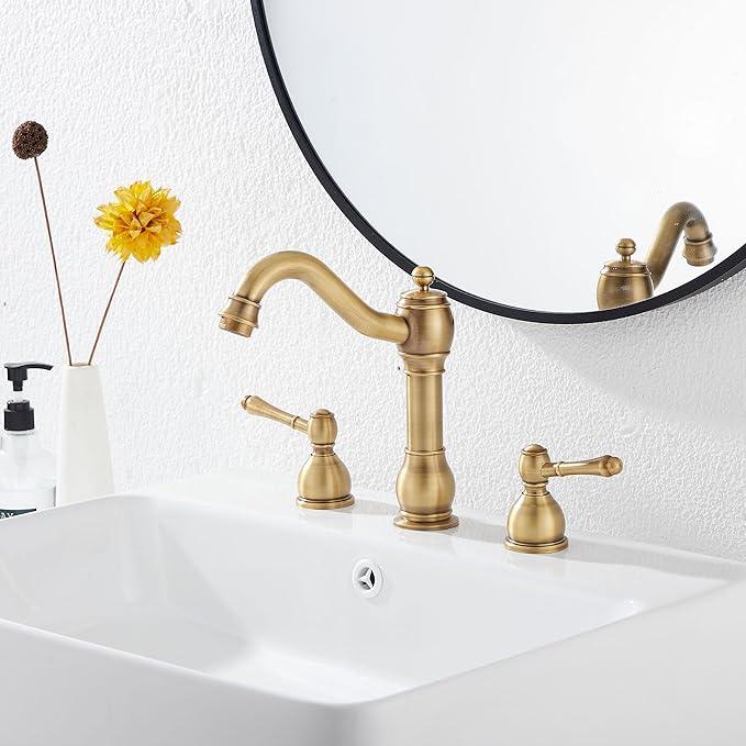 GGStudy 2 Handles 3 Holes Faucet Widespread Bathroom Sink Faucet Basin Tap Mixer Supply Hose Included Matching Pop Up Drain Antique Brass - ModernBath