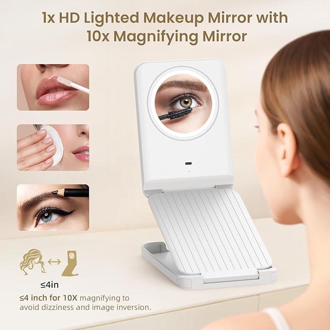 LAMPICK Travel Makeup Mirror with Lights, Foldable 1X Vanity Lighted Mirror with 10X Magnification, Rechargeable 1500mAh, Dimmable Touch Screen, Freely Adjust Height and Angle - ModernBath