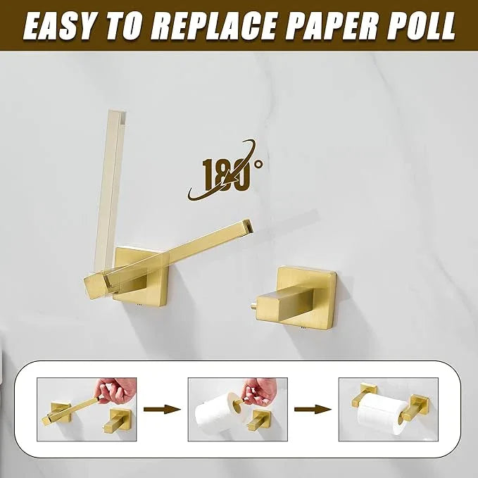 BigBig Home Gold Toilet Paper Holder Towel Ring, Brushed Gold Hand Towel Holder Bathroom Hardware Accessories Wall Mount Double Post Toilet Tissue Roll Holder Square 2 Pieces Set - ModernBath