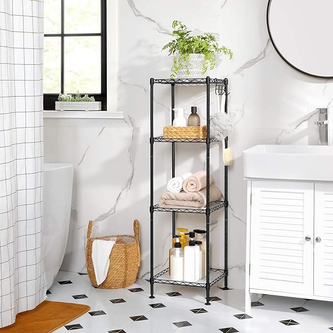 SONGMICS 4-Tier Bathroom Shelf, Storage Rack for Small Space, with 4 PP Shelf Liners, Removable Hook, Extendable Design, Ink Black and Translucent ULGR104B01 - ModernBath