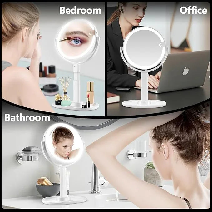 MIYADIVA Makeup Mirror with Lights, 30X Magnifying Mirror with Light and Touch Switch, Vanity Mirror with 3 Color Light and 80 LEDs, Height Adjustable Desk Mirror with Lights, White - ModernBath