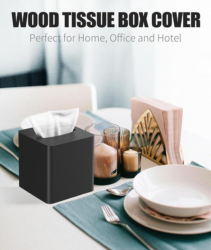 Livelab Tissue Box Cover Square - Oak Wood Tissue Box Holder for Living Room, Dinner Table, Bathroom, Office - Decorative Wooden Cube Facial Tissue Cover for Modern Farmhouse Home Decor | Black - ModernBath