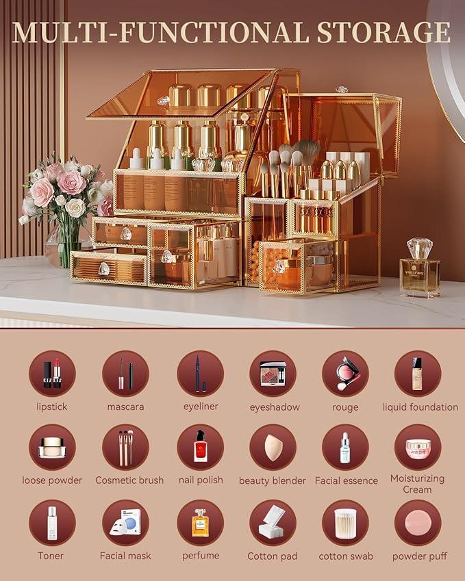 CoralHouse Makeup Organizer Amber,Glass Vanity Organizer for Skincare, Lipsticks, Perfume, Makeup Brushes – Countertop Cosmetic Storage Box for Women, Bathroom & Dresser - ModernBath
