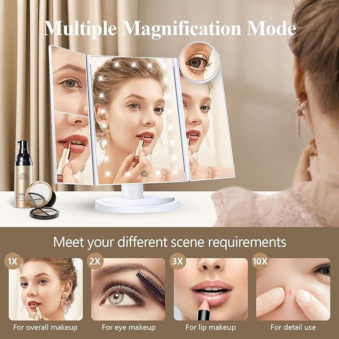 HUONUL Makeup Mirror, Vanity Mirror with Lights, 2X/3X/10X Magnification, Touch Control, Trifold, Dual Power Supply, Valentines Day Gifts for Her,Gifts for Women, Wife, Mom, Girls,Dorm Room Essentials - ModernBath