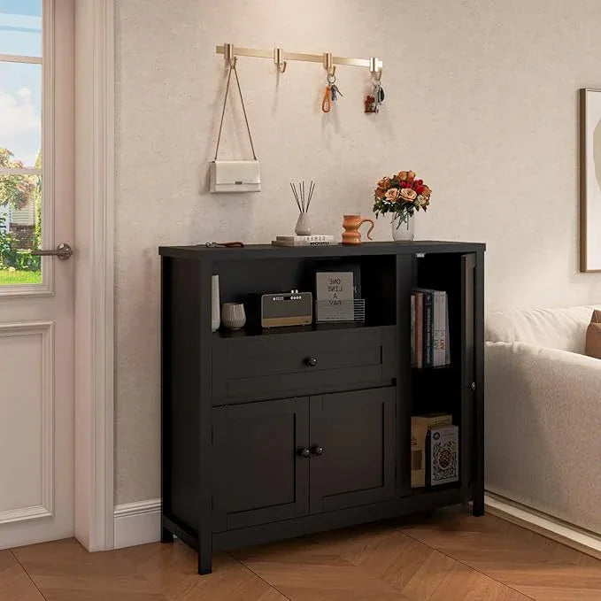 Storage Cabinet with Doors and Drawers,Kitchen Storage Cabinets，with Drawer and Adjustable Shelf (Black) - ModernBath