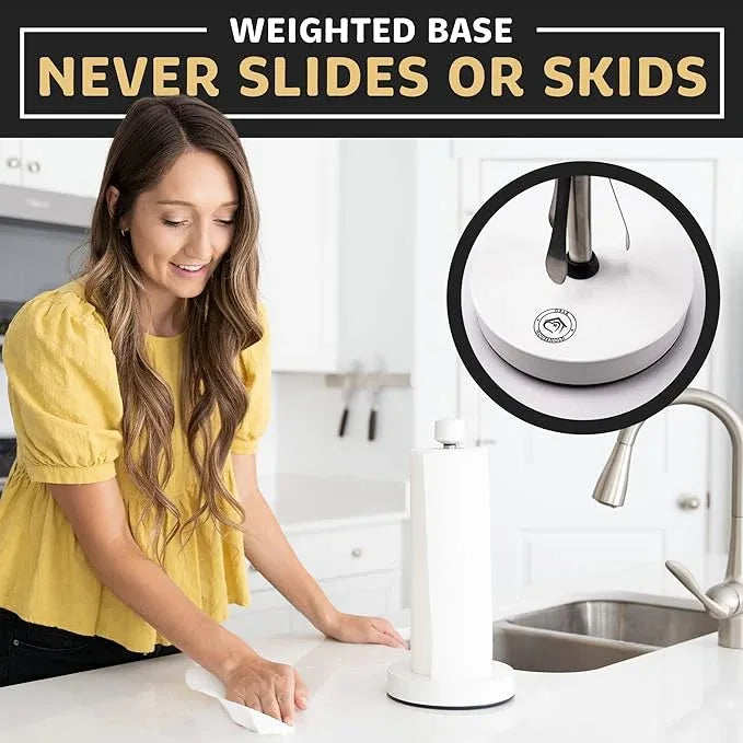 Dear Household Stainless Steel Paper Towel Holder Easy One-Handed Operation - This Sturdy Weighted Paper Towel Dispenser Countertop Model Has Suction Cups and Holds All Paper Towel Rolls - White - ModernBath