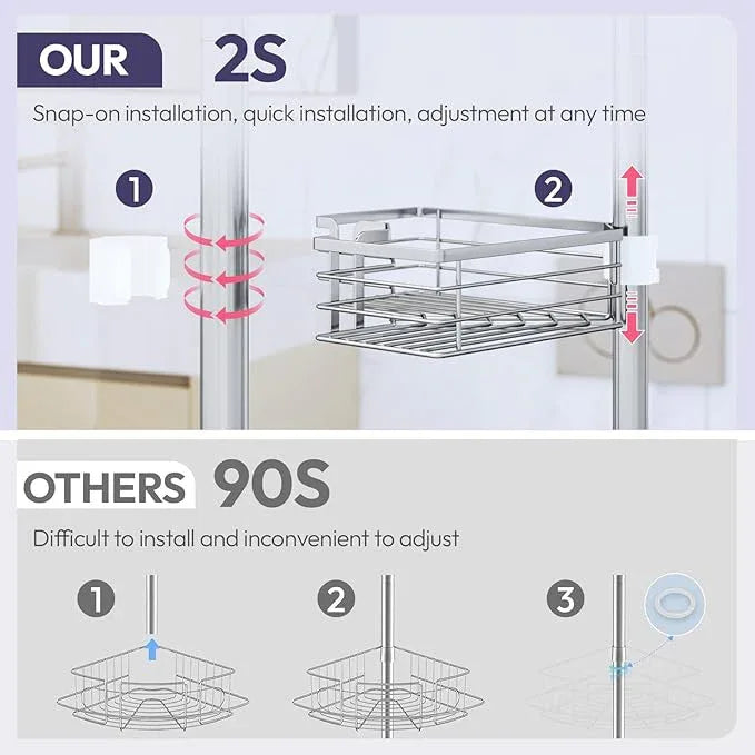 SWTYMIKI Shower Caddy Tension Pole - 4-Tier Corner Shower Organizer Tension Rod with Soap Holder, Toothbrush Holder & 4 Hooks, Adjustable Stainless Steel Bathroom Organizer 27.6 to 108.3 inch, Silver - ModernBath
