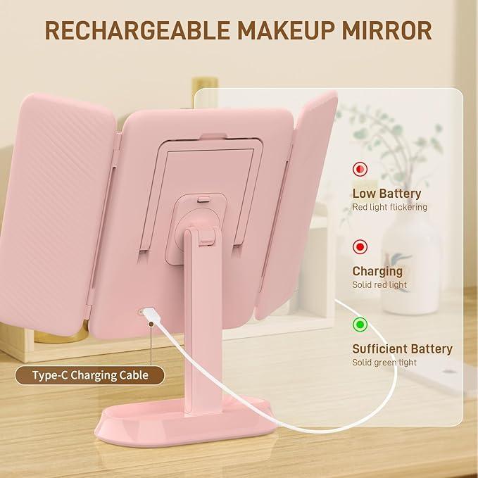 FRANO Rechargeable Trifold Makeup Mirror with Lights, 1X/3X/5X Magnification, Cordless 3-Color LED Vanity Mirror for Travel & Desk, Up to 20H Use, Ideal Gift for Women & Teens - Pink - ModernBath