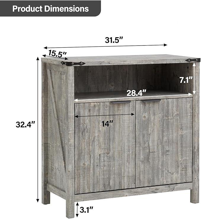 Buffet Cabinet with Storage - Modern Farmhouse Rustic 32 Fluted Sideboard Storage Cabinet Buffet with Adjustable Shelves, Coffee Wine Bar Organizer for Dining Room (Grey) - ModernBath