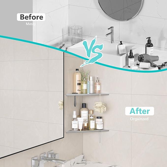 10" Bathroom Corner Shelf, 2 Pack Recessed Shower Shelf Caddy, SUS304 Stainless Steel Shelf Wall Mount Triangular, No Drilling Brushed Nickel - ModernBath